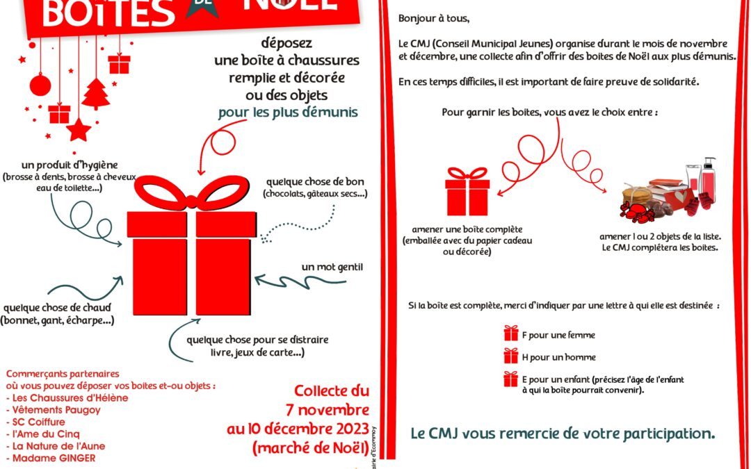 Boites de Noël 2023 en partenariat avec le CMJ – Collecte du 07/11 au 10/12-
